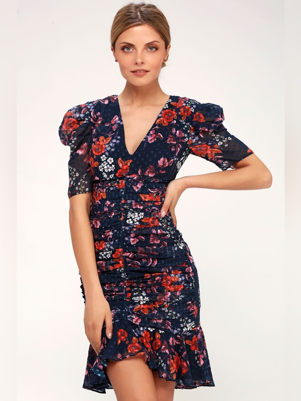 Keepsake Need You Now Navy Blue Floral Print Ruched Mini Dress Medium